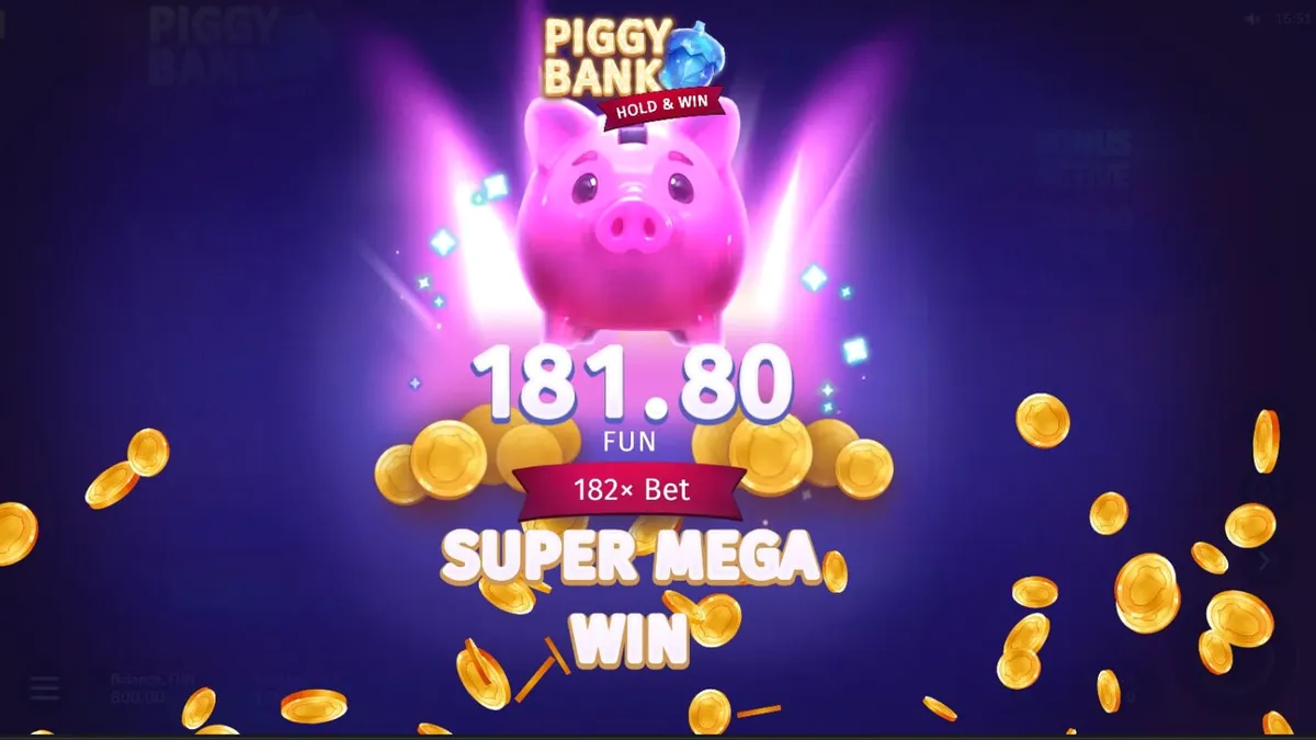 Tampilan visual slot Piggy Bank Hold & Win dengan tema babi neon dan koin emas.